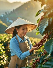 A female farmer Picking Arabica coffee berries Robusta by hand - obrazy, fototapety, plakaty