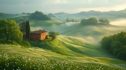 Obraz premium Amazing spring landscape with green rolling hills and farm houses in the heart of Tuscany in morning haze, generate AI