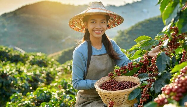 A female farmer Picking Arabica coffee berries Robusta by hand
