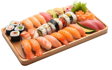 Assorted Sushi on a Wooden Tray. A wooden tray filled with a variety of sushi rolls and nigiri, showcasing a mouthwatering assortment of fresh fish, rice, and vibrant flavors.