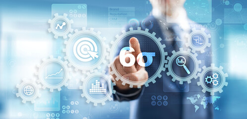 Six sigma DMAIC Industrial process optimisation concept on virtual screen.