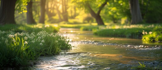 Tranquil stream flowing through serene park with lush green trees and grass