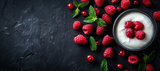 Fresh raspberries with yogurt on background, shot from above perspective, top view.