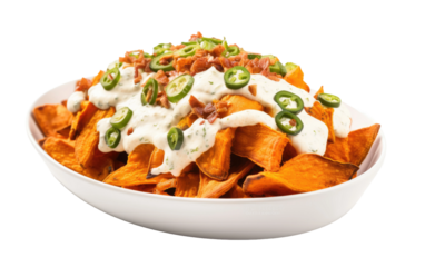 White Bowl Filled With Nachos Covered in Sour Cream. A white bowl filled with crispy nachos covered generously in creamy sour cream. on White or PNG Transparent Background.