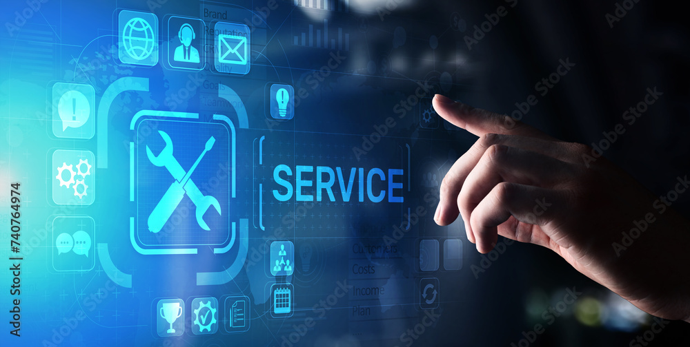 Aufkleber service support customer help call center business technology button on virtual screen.