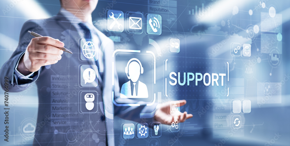 Poster Support button on virtual screen. Customer service and communication concept.