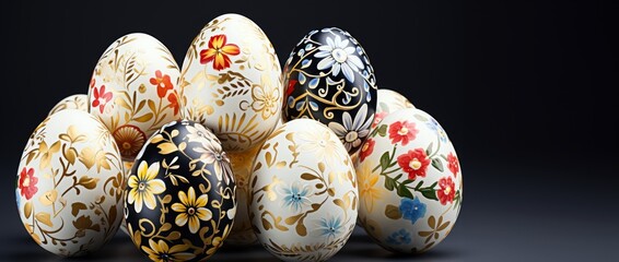 Easter eggs with ornament isolated on black. Hand painted eggs, copy space.