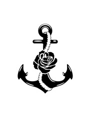 Anchor with rose. Simple design in black