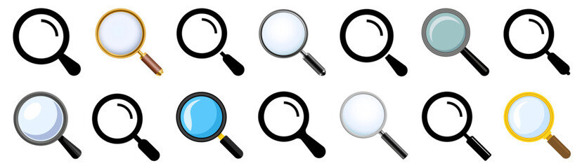 Magnifying glass icon set. Realistic and flat style magnifier glass. Zoom tools. Different style icons set. Vector illustration