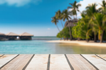 Fototapeta premium wooden table for display product, tables of wood for showing goods, empy surface, tropical beach landscape on the background