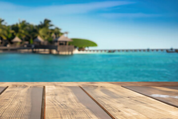 wooden table for display product, tables of wood for showing goods, empy surface,  tropical beach landscape on the background