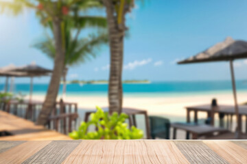 wooden table for display product, tables of wood for showing goods, empy surface,  tropical beach landscape on the background