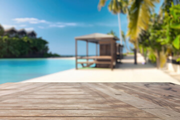 wooden table for display product, tables of wood for showing goods, empy surface,  tropical beach landscape on the background