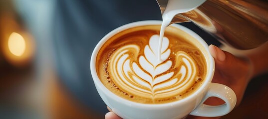 Close up of barista making coffee latte in cafe with blurred background and copy space