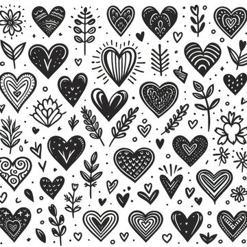 Hand drawn black hearts set pattern isolated on white background