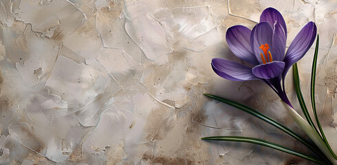 Purple crocus with green leaves on concrete wall background. Holiday card for birthday,...