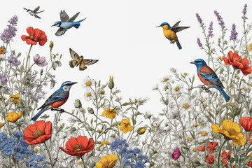 Color Hand drawn blooming flowers, butterflies, birds on blank background. Color floral composition in vintage style. Generative Ai