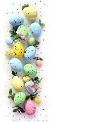 Fototapeta na wymiar Collection of stylish colors eggs with flowers for Easter celebration on white background. Holiday concept.