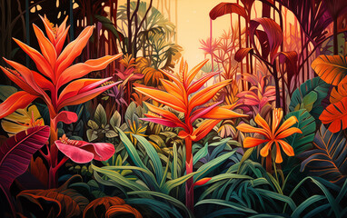 Tropical Jungle Oil Painting: Vibrant Tropical Plants