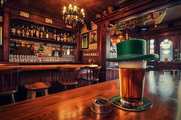 A wooden bar in an Irish pub creating an authentic St Patricks Day ambiance. Concept Irish Pub Vibe, Wooden Bar, St, Patrick's Day Decorations - obrazy, fototapety, plakaty