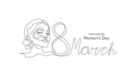 International women's day greeting card. Woman face in one continuous line drawing. Abstract female portrait in simple linear style. Vector illustration for 8 march	
