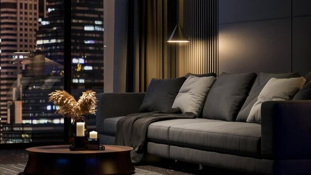Animation of modern style luxury black living room with city view in the night background 3d render, decorated with dark gray fabric sofa.