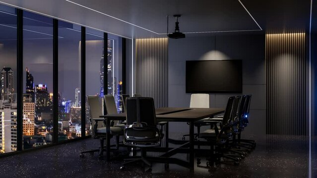Animation of modern style luxury black meeting room interior with night city view background 3d render, decorated with led stripe light.