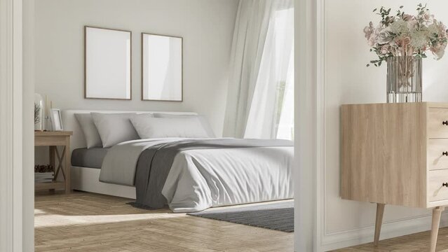 Animation of modern contemporary cozy white bedroom view from outside the room through the door 3d render, The rooms have wooden floors and white walls , large window nature light in to the room