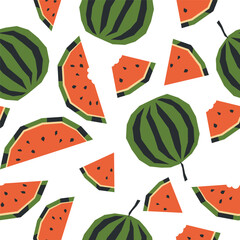 Seamless pattern with ripe watermelon and slice. Applique style drawing. Background, wrapping paper.