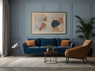 A spacious living room with a blue sofa, an armchair and a poster on the wall. Generative AI