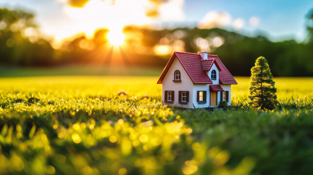 Miniature house model on the green grass with sunset background. Real estate concept.