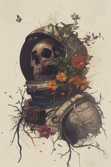 Painting of the dead astronaut in flowers and plants.