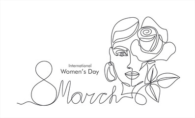 International Women's Day greeting card. Illustration with one line woman face, rose flower and leaves. Women empowerment. Vector illustration.	