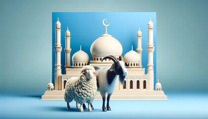 background with sheep and moon 3D rendered Eid ul Adha concept - obrazy, fototapety, plakaty