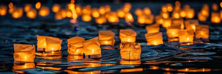 Traditional floating lantern festival  paper lanterns on dark water for memorial day.
