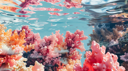 Vibrant coral reef submerged under crystal clear waters, showcasing a diverse ecosystem. The corals are in various shades of pink and orange, reflecting the sunlight piercing through the water.