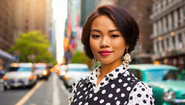 beautiful young woman dressed in 50s retro style with stylish hair stands on the street of old new york with cars, vintage fashion, feminine girl 