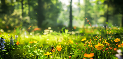 Monarch butterfly perched on vibrant wildflowers in a lush green forest. Sunlight filters through the trees, creating a magical atmosphere. Bright summer background.