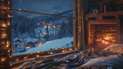 Enchanting Nights: A Cozy Wooden Bedroom Overlooking a Snowy Village