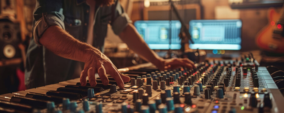 A close-up view of sound mixer console in a recording studio