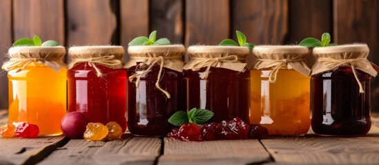 Assorted variety of homemade jams in glass jars displayed on a rustic wooden table