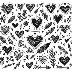 Hand drawn black hearts set pattern isolated on white background
