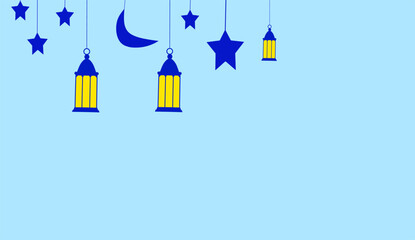 illustration of lanterns, stars and moon in blue