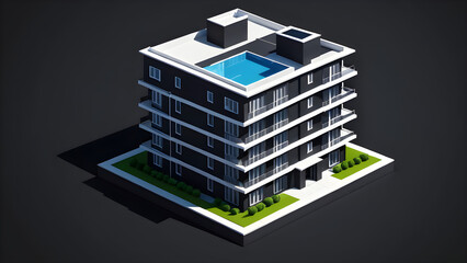apartment icon isolated on a black background. 3d render of a modern building with a building. luxury modern building, real estate building construction. building exterior