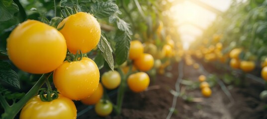 Organic agriculture concept  yellow tomatoes growing on bush in greenhouse with copy space for text - obrazy, fototapety, plakaty