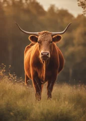 Fotobehang Cow in nature with big horns © Terje Sollie