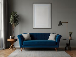 A spacious living room with a blue sofa, an armchair and a poster on the wall. Generative AI