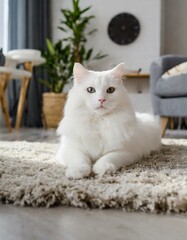 Obraz premium fluffy white cat lies on the carpet in the living room, beloved pet, modern interior in the apartment