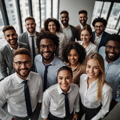 A group of multi-ethnic business people smiling and posing in the office