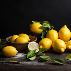 Horizontal view of whole and chopped fresh lemons